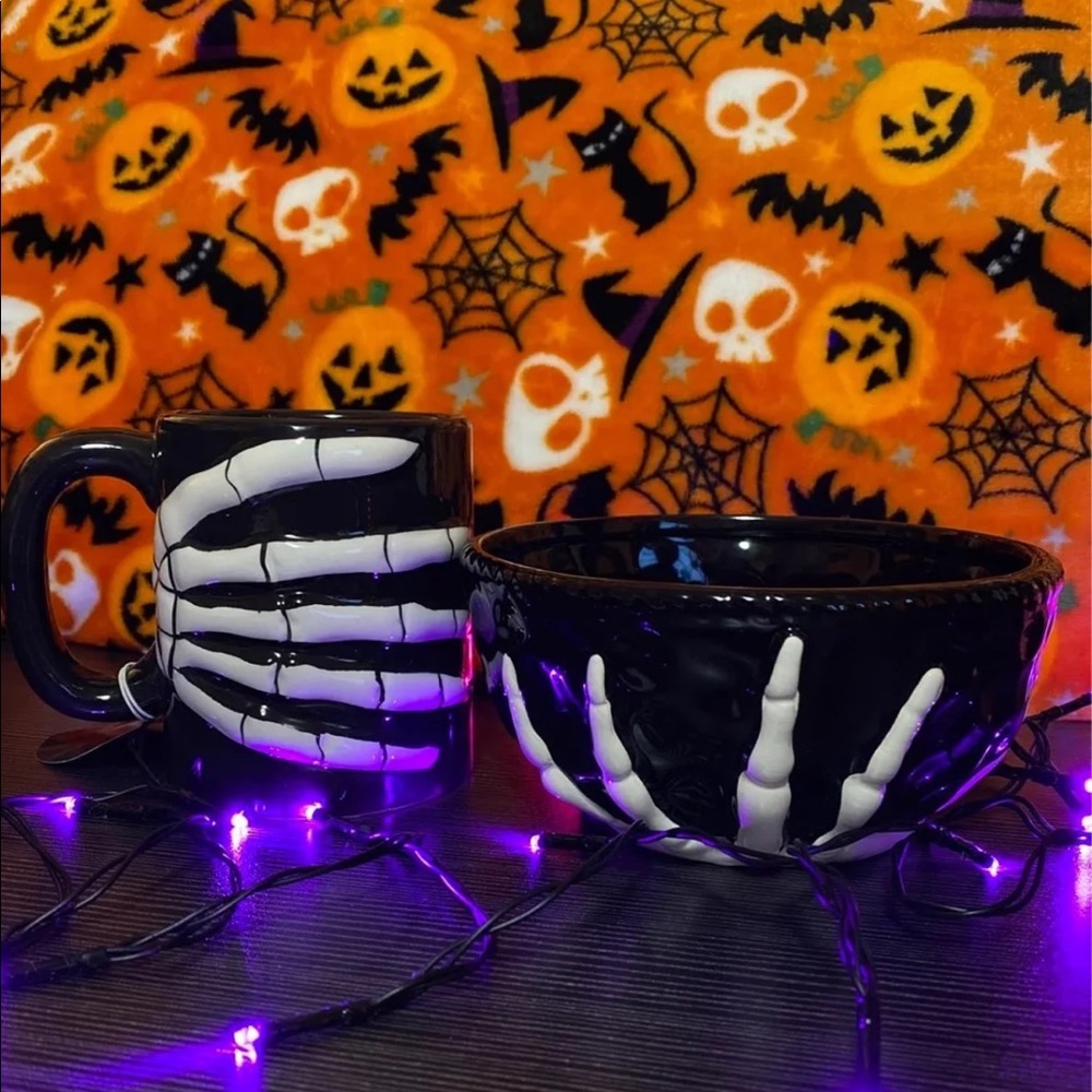 Halloween skeleton mug and bowl